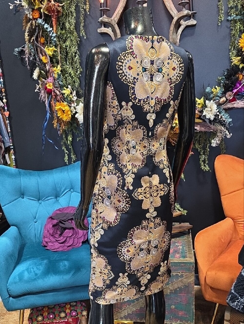 New York & Company Black Midi Dress with Gold Medallion Print - Picture 8 of 11